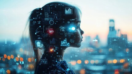 A child gazes at a city skyline while futuristic digital elements overlay their silhouette during dusk