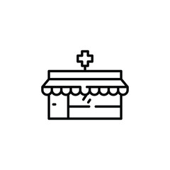 Pharmacy icon. Minimal line art illustration of a pharmacy storefront with a cross symbol. Ideal for medical, health, and pharmaceutical-related projects. Vector illustration