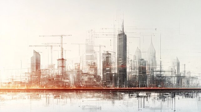 A conceptual image of a futuristic city skyline, merged with engineering blueprints and digital construction tools