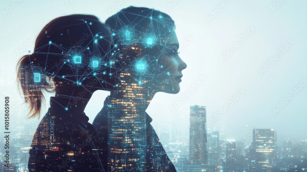 Poster silhouettes of two people with digital network overlay overlooking a nighttime cityscape while embra