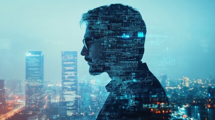 A person with glasses stands in profile against a city skyline at night, featuring digital overlays representing technology and data