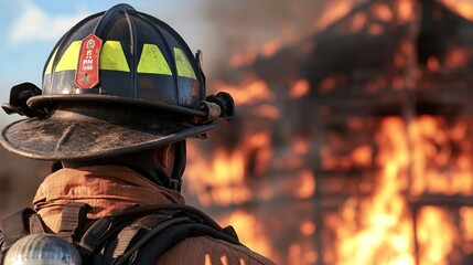 Fototapeta premium Firefighter observing a burning building in action, dramatic fiery backdrop.