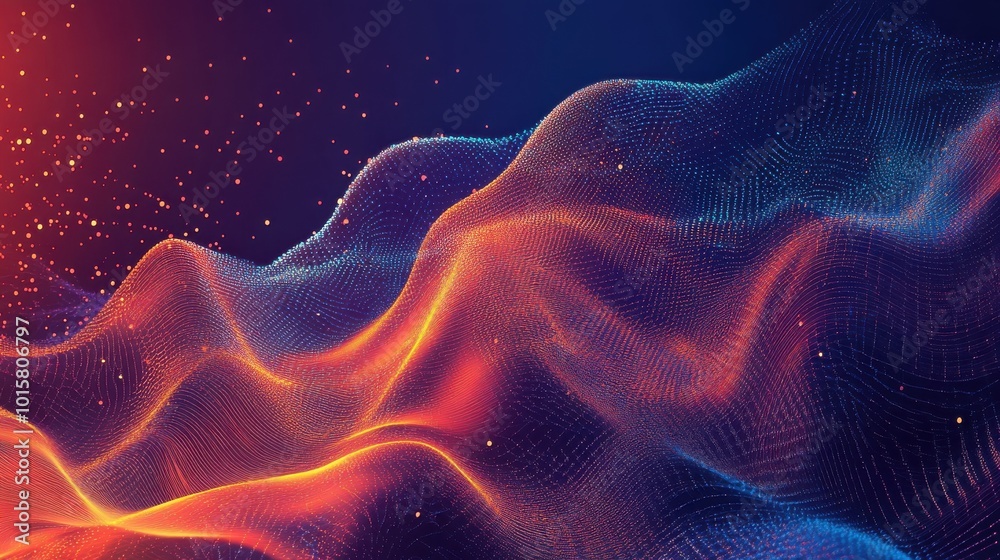 Poster Abstract digital waves in vibrant colors creating a dynamic visual effect with particles on a dark background