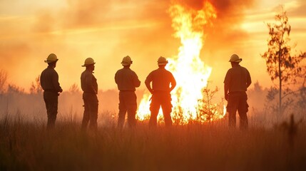 Fototapeta premium Firefighters silhouetted against a sunset, watching a controlled burn.