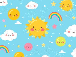 Cheerful Cartoon Sunshine and Cloud Background with Smiling Celestial Elements