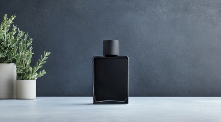 Minimalist black square perfume bottle displayed on a dark gray wall background.