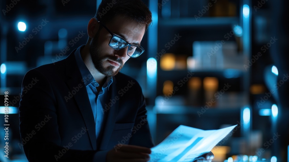 Poster a professional reviewing documents in a dimly lit office space during evening hours, showcasing deep
