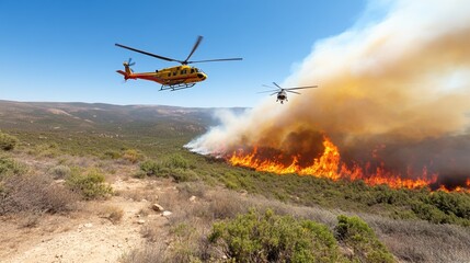 Fototapeta premium Helicopters battling a wildfire against a clear blue sky and burning landscape.