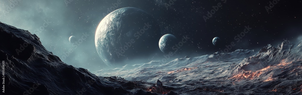 Poster a distant view of multiple planets from a rocky lunar landscape illuminated by cosmic light