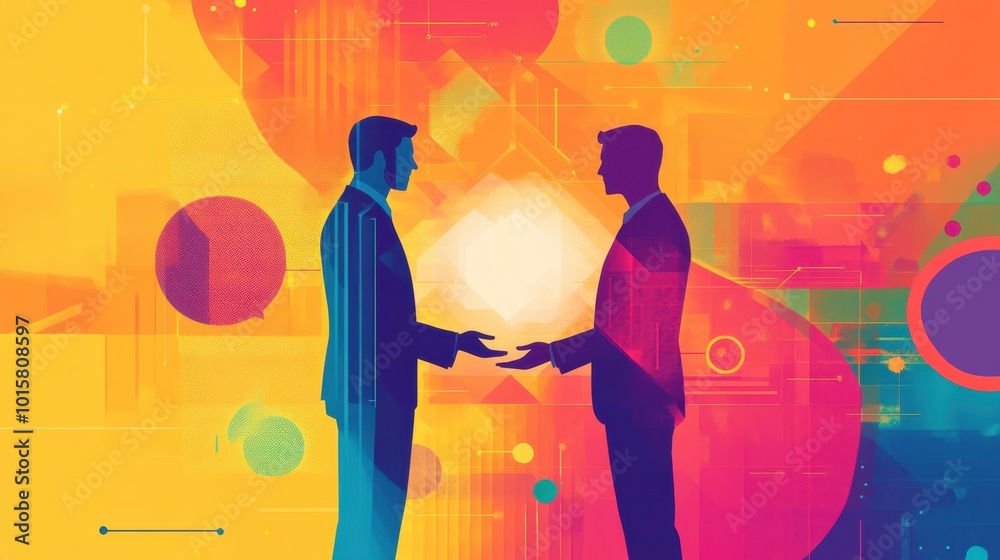 Poster Two business professionals shake hands in a vibrant digital environment filled with abstract shapes and colors