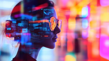 A woman wearing sunglasses reflects colorful digital screens while exploring technology in an urban setting at night