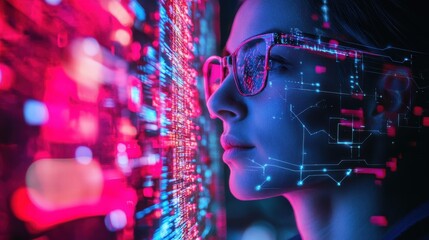 A young woman with glasses closely examines digital data displays in a modern, illuminated environment during a tech-focused analysis session