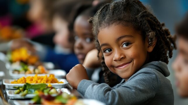 Joyful child enjoying a delicious meal at a community lunch event in a vibrant setting
