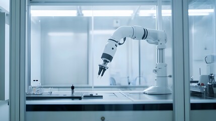 51. A fume hood in a lab with cutting-edge robotic systems