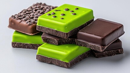 A photostock images of assorted chocolate bars stacked on a clean white background