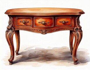 Elegant wooden table with ornate design, white isolated background. Watercolor illustration.