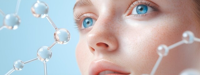 Young woman with blue eyes and molecule structure, beauty skincare and cosmetic science concept with copy space