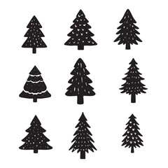 Isolated Pine on the white background. Pine silhouettes. Tree hand drawn. Vector EPS 10.