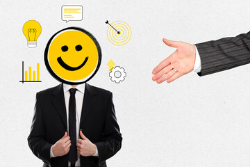 Businessman hand and Businessman with a emoji smiling headed, surrounded by business icons, job interview, recruitment and employment, isolated on white paper background