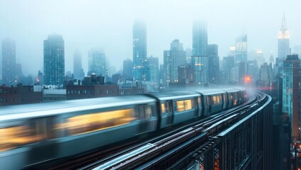 Obraz premium Subway Train Speeding Through Foggy City