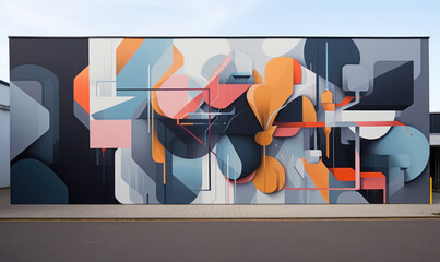 A striking mural featuring abstract geometric shapes and vibrant colors, blending together to create a dynamic and modern artistic statement on a wall.