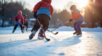 Close Up of kids playing ice hockey at a park during winter 