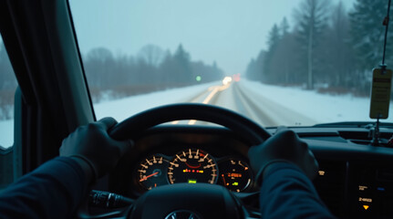 A close-up view of a truck driver's hands firmly gripping the steering wheel as they navigate icy roads during winter