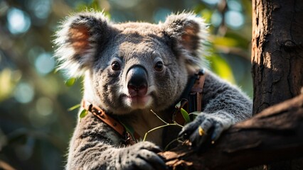 Obraz premium A curious koala perched on a tree branch, looking directly at the camera with its distinctive ears and soft fur, surrounded by the natural beauty of its environment