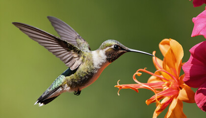 Fototapeta premium a macro image of a hummingbird hovering near a flower