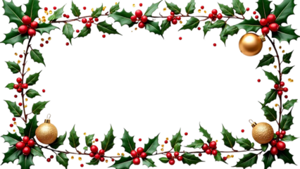 Elegant Christmas border frame with holly leaves, festive decoration elements