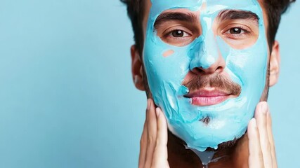Man enjoying a refreshing blue face mask on clear skin with a bright smile
