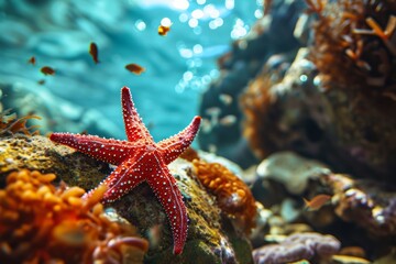 Red Starfish on a Rock in a Vibrant Underwater Environment