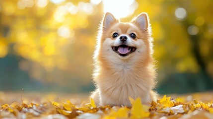 Obraz premium A photostock images of a Pomeranian sitting in a sun-dappled field, surrounded by autumn leaves. High Quality Dog Image