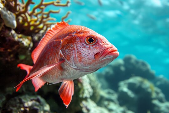 Red Snapper Fish Swimming Through Coral Reef