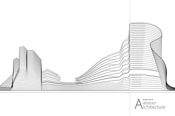 3D illustration, abstract modern urban landscape line drawing, imaginative architecture building construction perspective design.