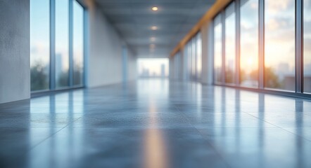 Blurred background of a modern office interior with glass windows and a polished concrete floor, providing ample copy space for text. 
