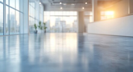 Blurred background of a modern office interior with glass windows and a polished concrete floor, providing ample copy space for text. 