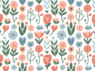 floral pattern, cute and simple cartoon illustration of a ditsy floral pattern in soft and muted pastel shades.