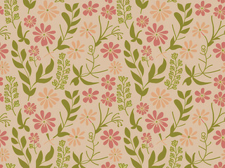 floral pattern, cute and simple cartoon illustration of a ditsy floral pattern in soft and muted pastel shades.