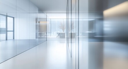 Fototapeta premium Blurred background of a modern office interior featuring glass windows and a polished floor, with a focus on the hallway