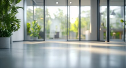 Blurred background of a modern office interior featuring glass windows and a polished floor, with a focus on the hallway