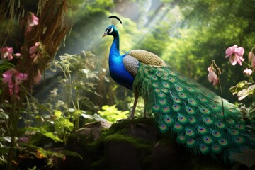 Obraz premium A Peacock Stands Majestically in a Sunlit Forest Clearing