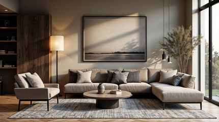 Modern elegant living room with neutral tones, featuring a large sectional sofa, contemporary artwork, and floor-to-ceiling windows offering natural light and outdoor views