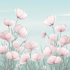 Drawing of a field of pink flowers with a blue sky in the background