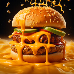 Delicious Melted Cheddar Cheese Splashing Over a Juicy Burger in Mouthwatering Mid-Air Action