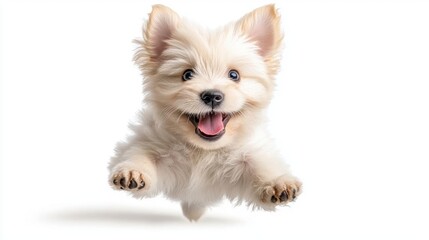 A photostock images of a fluffy white puppy jumping playfully in mid-air with a joyful expression on a clean white background High Quality