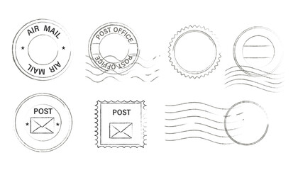 Postal stamps, seal and postmarks sign set. Empty mail delivery template. Paper mark symbol of correspondence, post, airmail. Wavy lines