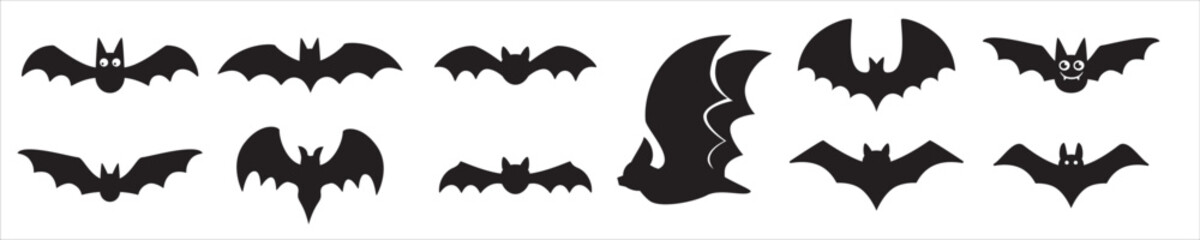 Fototapeta premium Bats silhouette vector set. Halloween bats collection. Scary, spooky, and cute bat. Vector illustration design template for stencil, wall decor, door decoration, sticker. Isolated on white background.