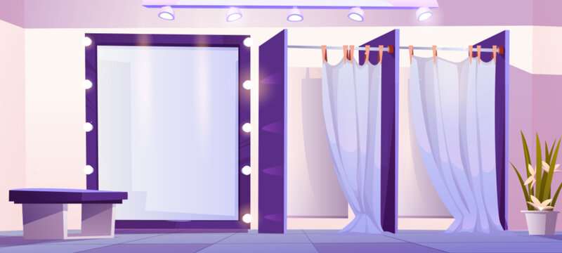 Fitting room in shop. Changing dress with mirror and curtain. Fashion boutique cabin interior for dressing. Open customer environment for clothing. Luxury department with bench and flower in pot.