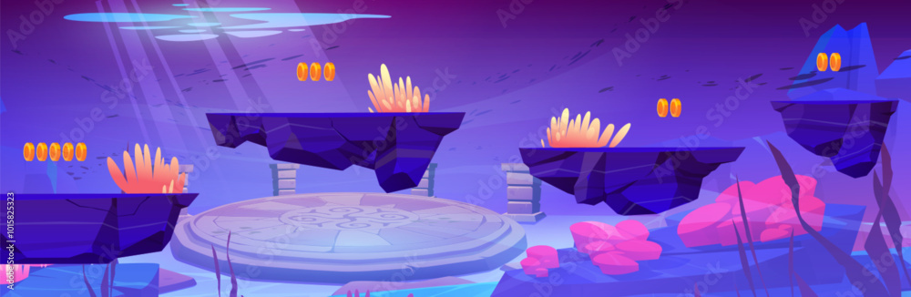 Poster arcade game ui level design with jump and run floating platform with golden coins to collect underwa